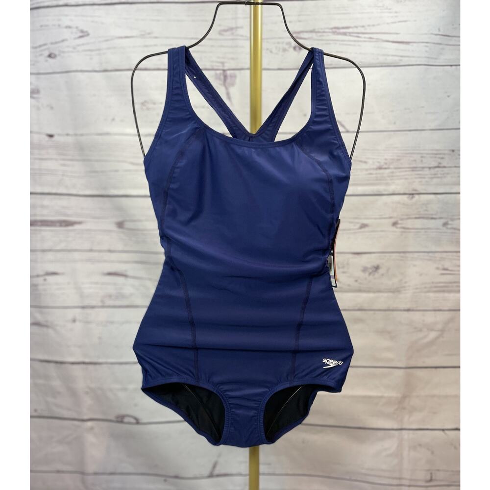 NWT Speedo Women’s 1 Piece Swimsuit 6 Blue PowerFlex Princess Seam Conservative